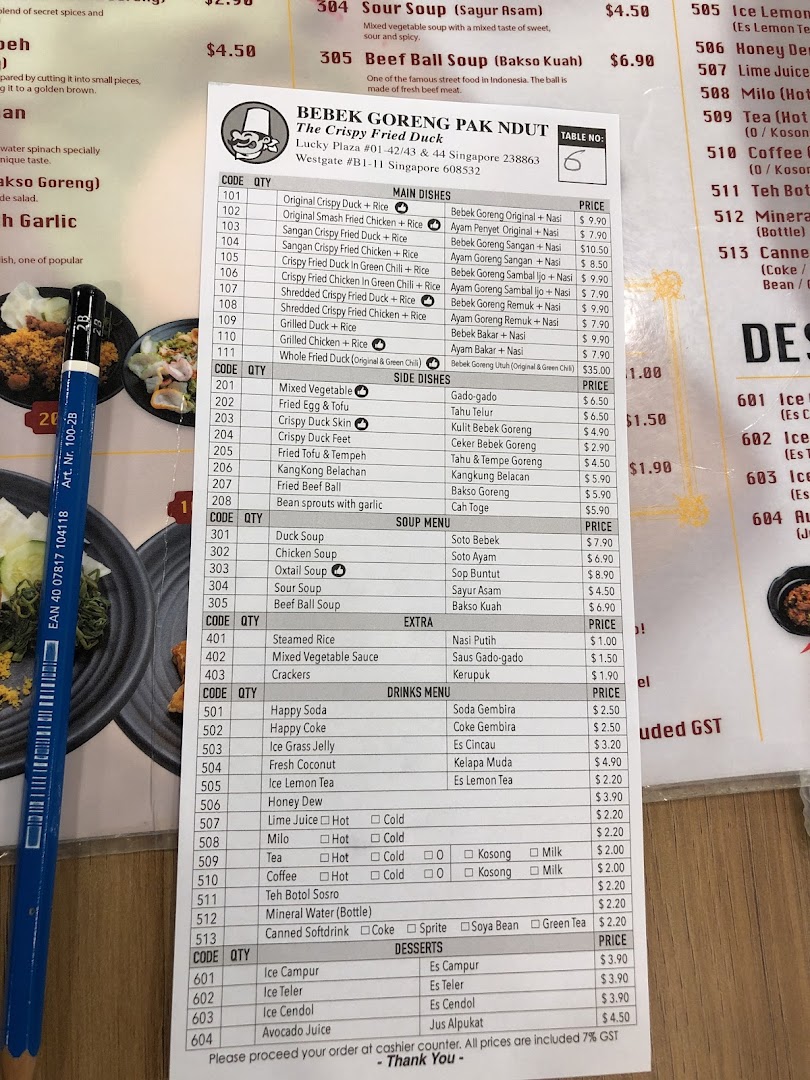 A detailed menu from Bebek Goreng Pak Ndut, featuring Indonesian crispy duck and other dishes.