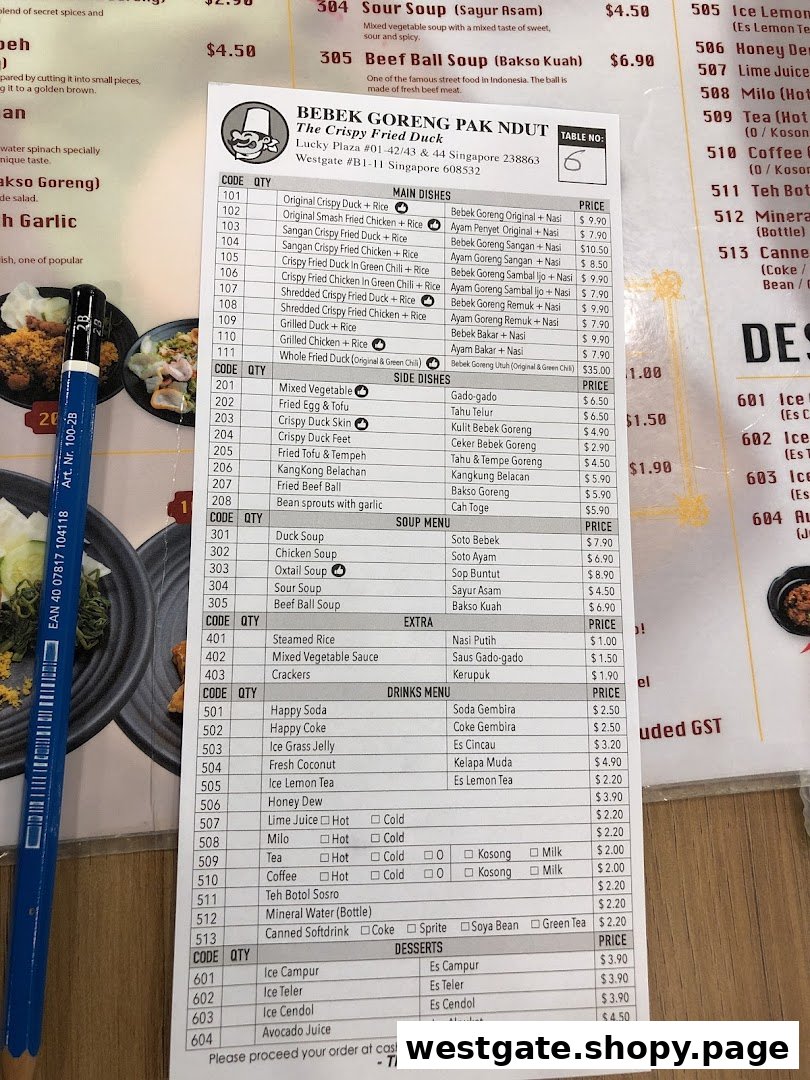 A detailed menu from Bebek Goreng Pak Ndut, featuring Indonesian crispy duck and other dishes.