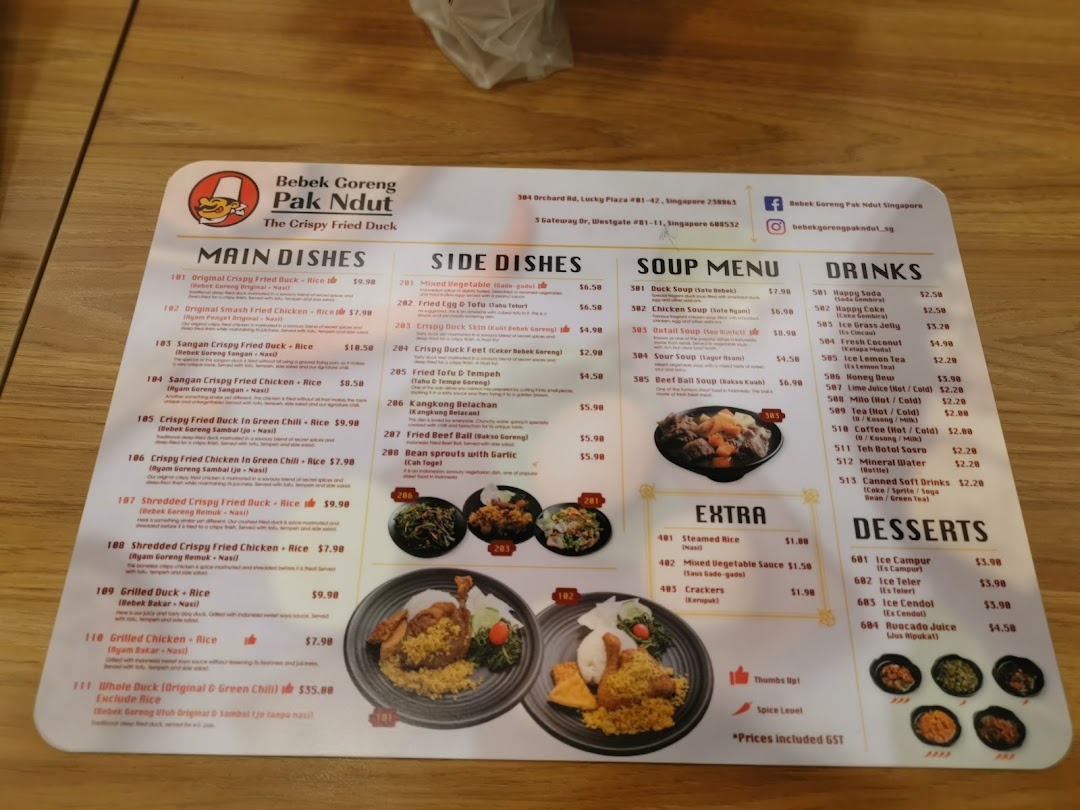 A detailed menu for Bebek Goreng Pak Ndut, featuring Indonesian dishes and prices.