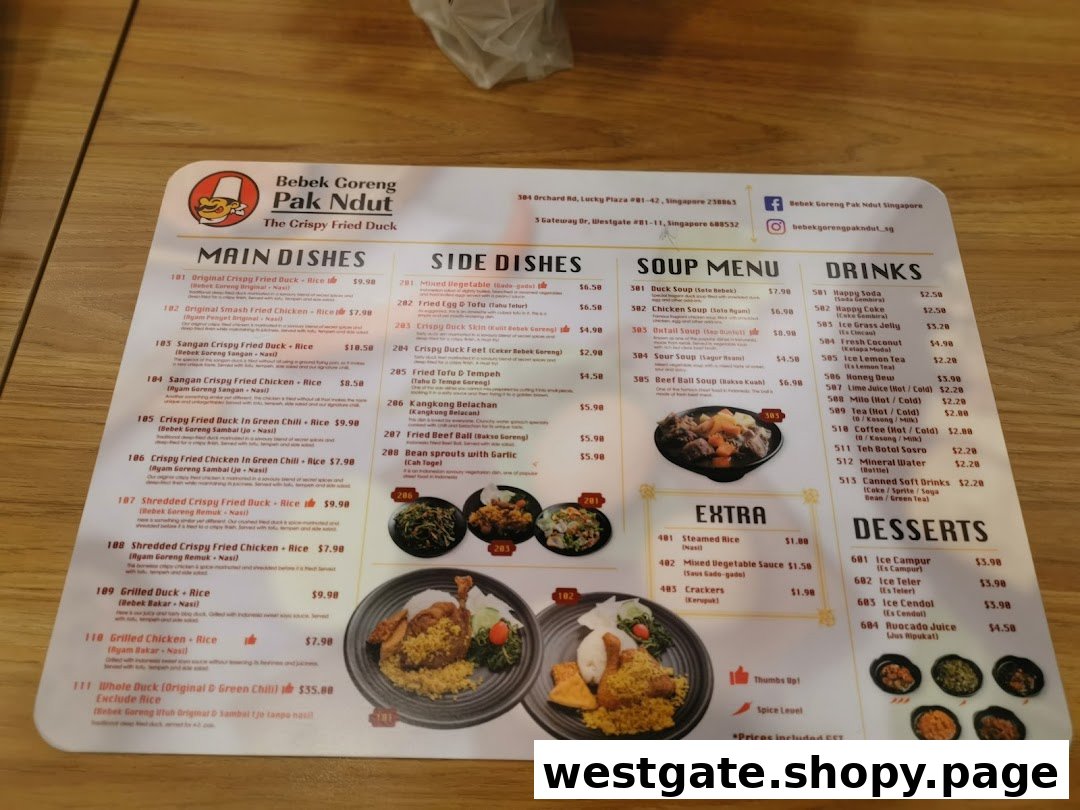 A detailed menu for Bebek Goreng Pak Ndut, featuring Indonesian dishes and prices.