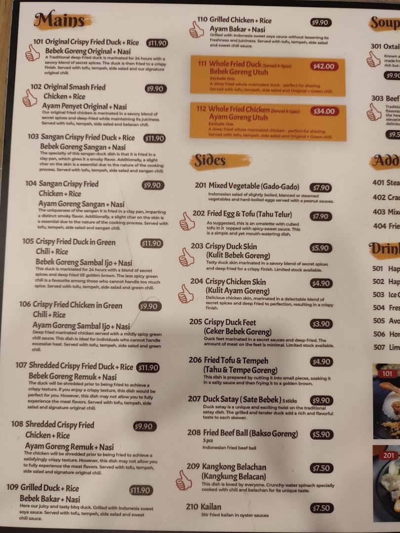 A detailed menu displaying a variety of Indonesian duck and chicken dishes, sides, and beverages.