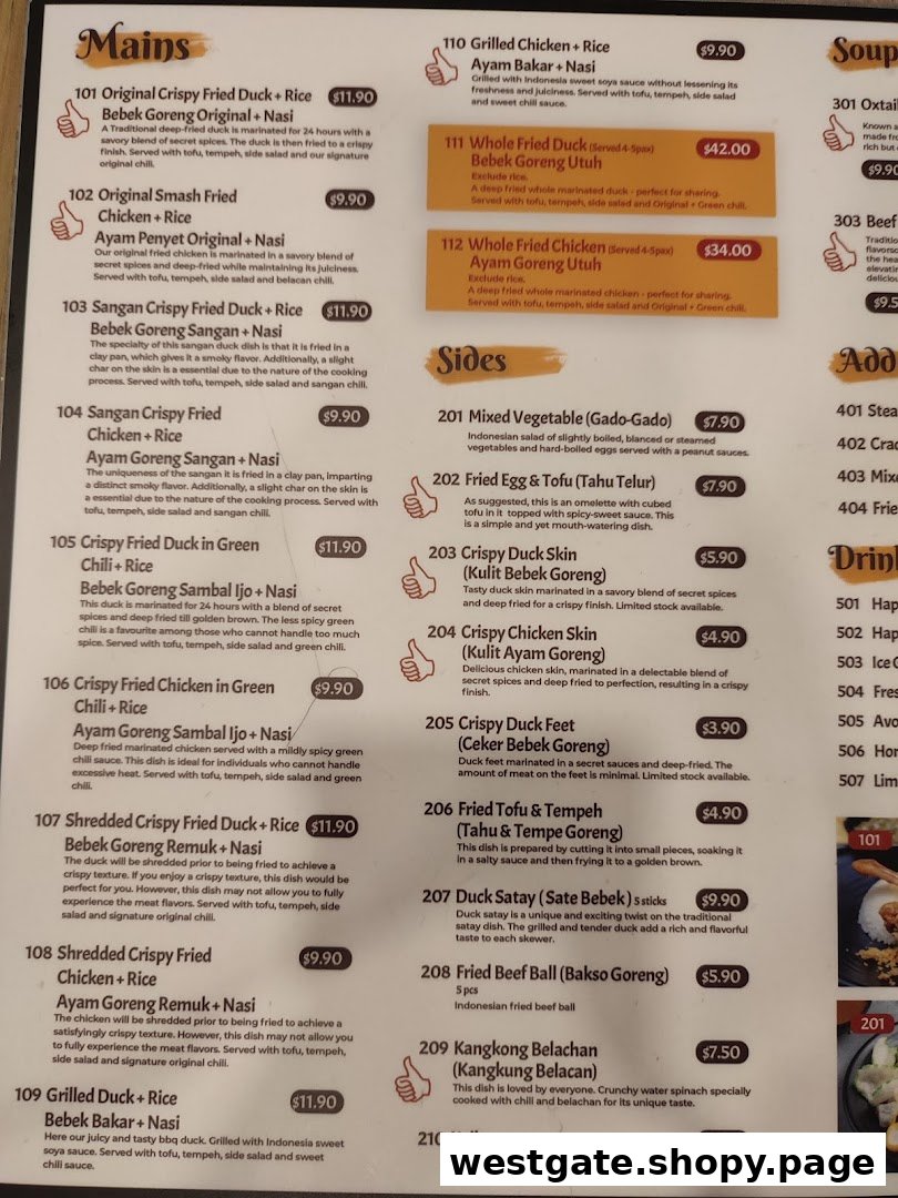 A detailed menu displaying a variety of Indonesian duck and chicken dishes, sides, and beverages.