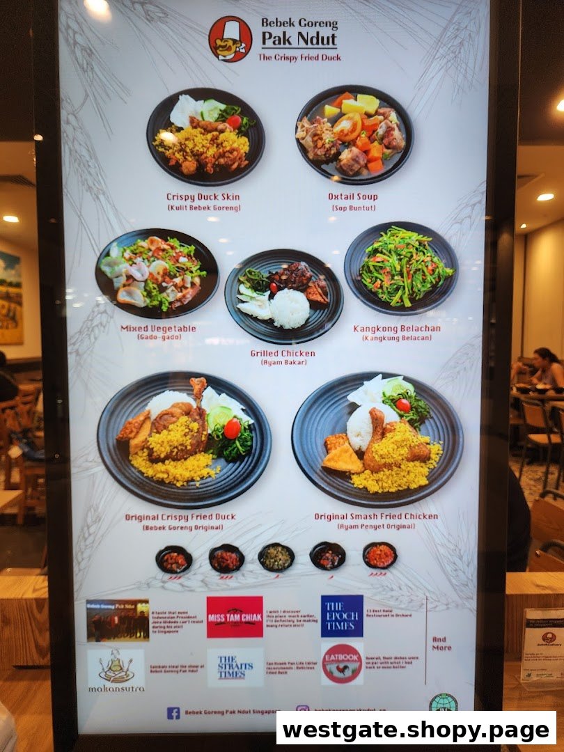 A digital menu board showcasing various Indonesian dishes with appealing food photography.