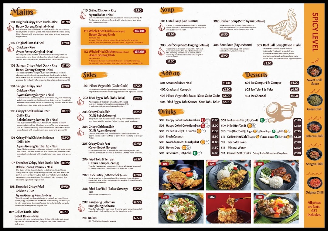 A comprehensive menu displaying a variety of Indonesian dishes, including crispy duck, chicken, soups, and sides.