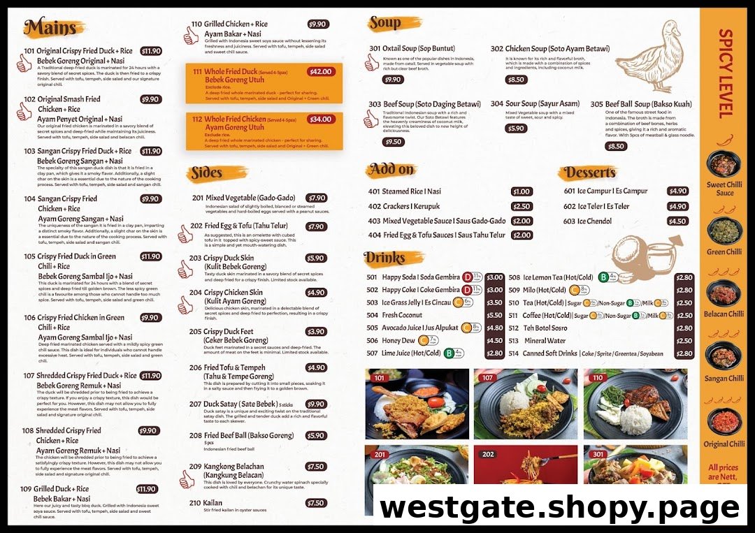 A comprehensive menu displaying a variety of Indonesian dishes, including crispy duck, chicken, soups, and sides.