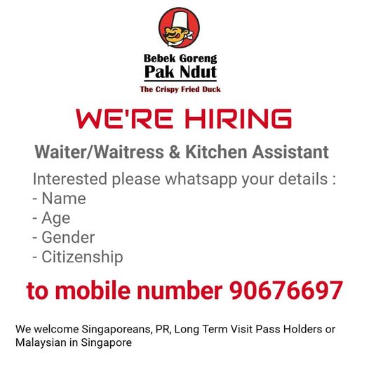 A hiring advertisement for Bebek Goreng Pak Ndut seeking waiters/waitresses and kitchen assistants.