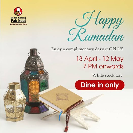 A Ramadan promotion graphic for Bebek Goreng Pak Ndut, featuring lanterns and a holy book.