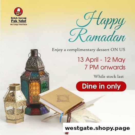 A Ramadan promotion graphic for Bebek Goreng Pak Ndut, featuring lanterns and a holy book.