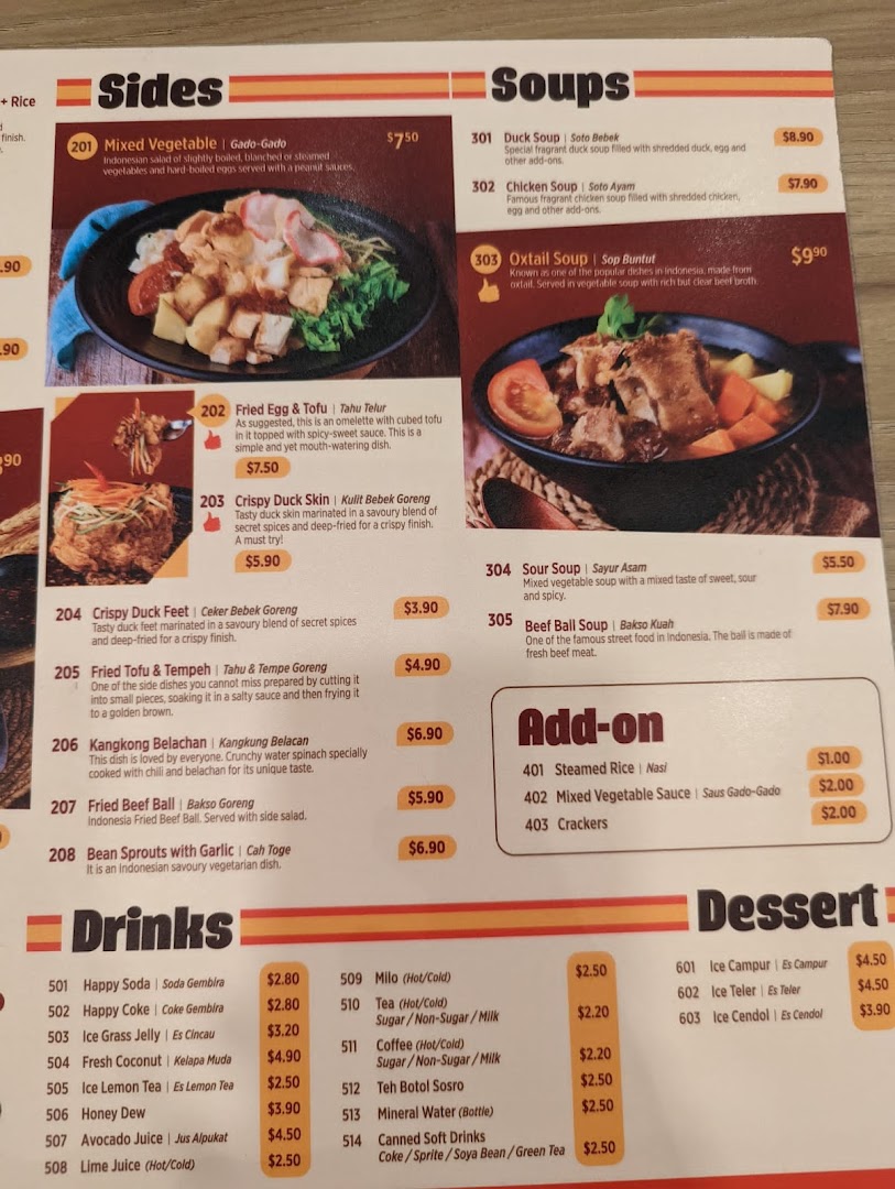 A detailed menu displaying a variety of Indonesian sides, soups, drinks, and desserts with prices.