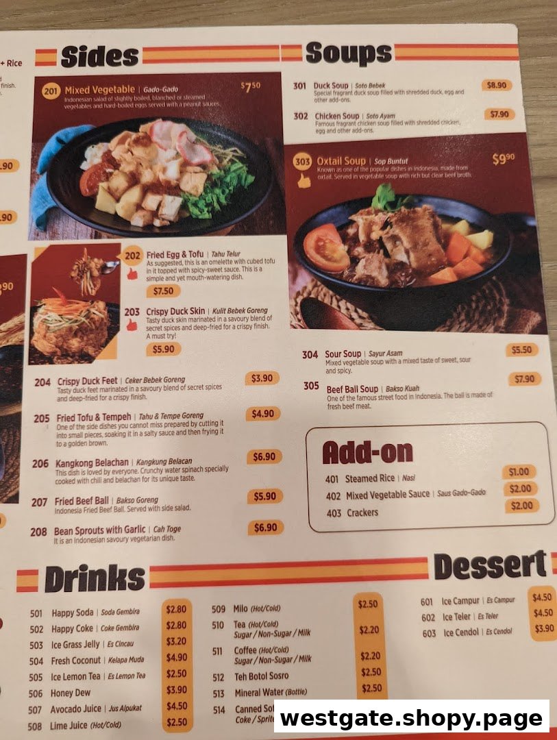 A detailed menu displaying a variety of Indonesian sides, soups, drinks, and desserts with prices.