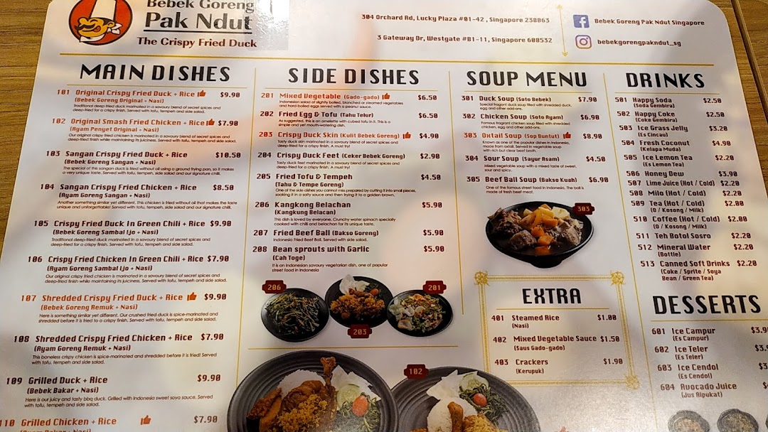 A detailed menu displaying a variety of Indonesian crispy fried duck and chicken dishes, sides, soups, and drinks.