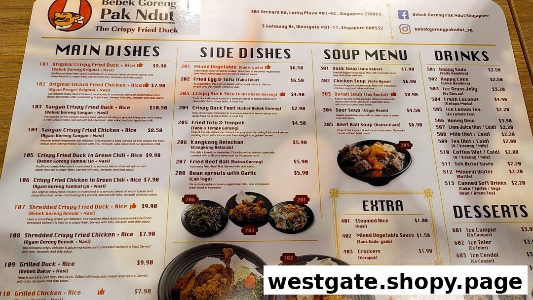 A detailed menu displaying a variety of Indonesian crispy fried duck and chicken dishes, sides, soups, and drinks.