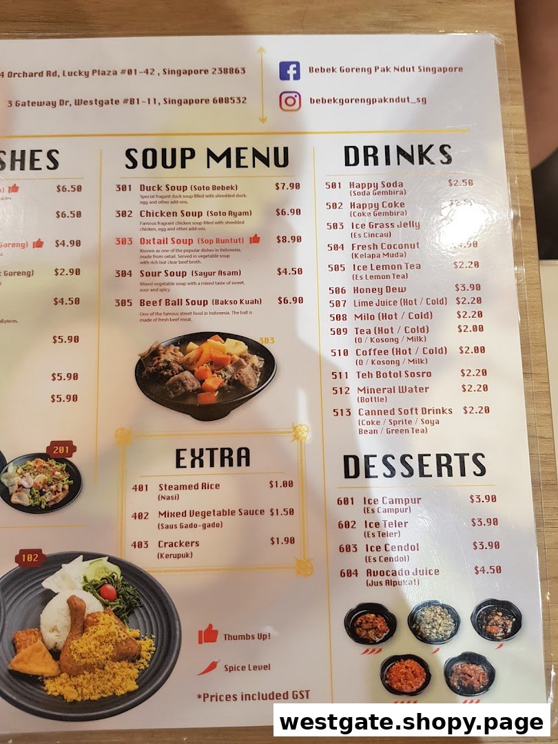 A detailed menu board displaying various Indonesian soups, drinks, extras, and desserts with prices.