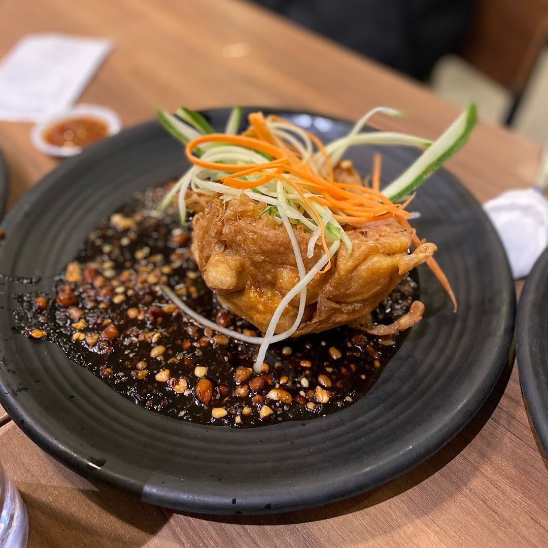 A beautifully plated fried dish with dark sauce, peanuts, and fresh shredded vegetables.