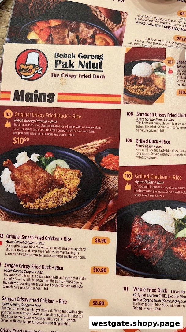 A menu page from Bebek Goreng Pak Ndut, showcasing various crispy duck and chicken dishes.