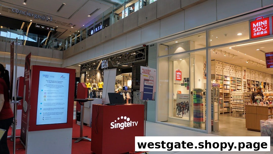 View of BEGA and MINISO shopfronts in a bustling shopping mall, with a SingtelTV booth nearby.
