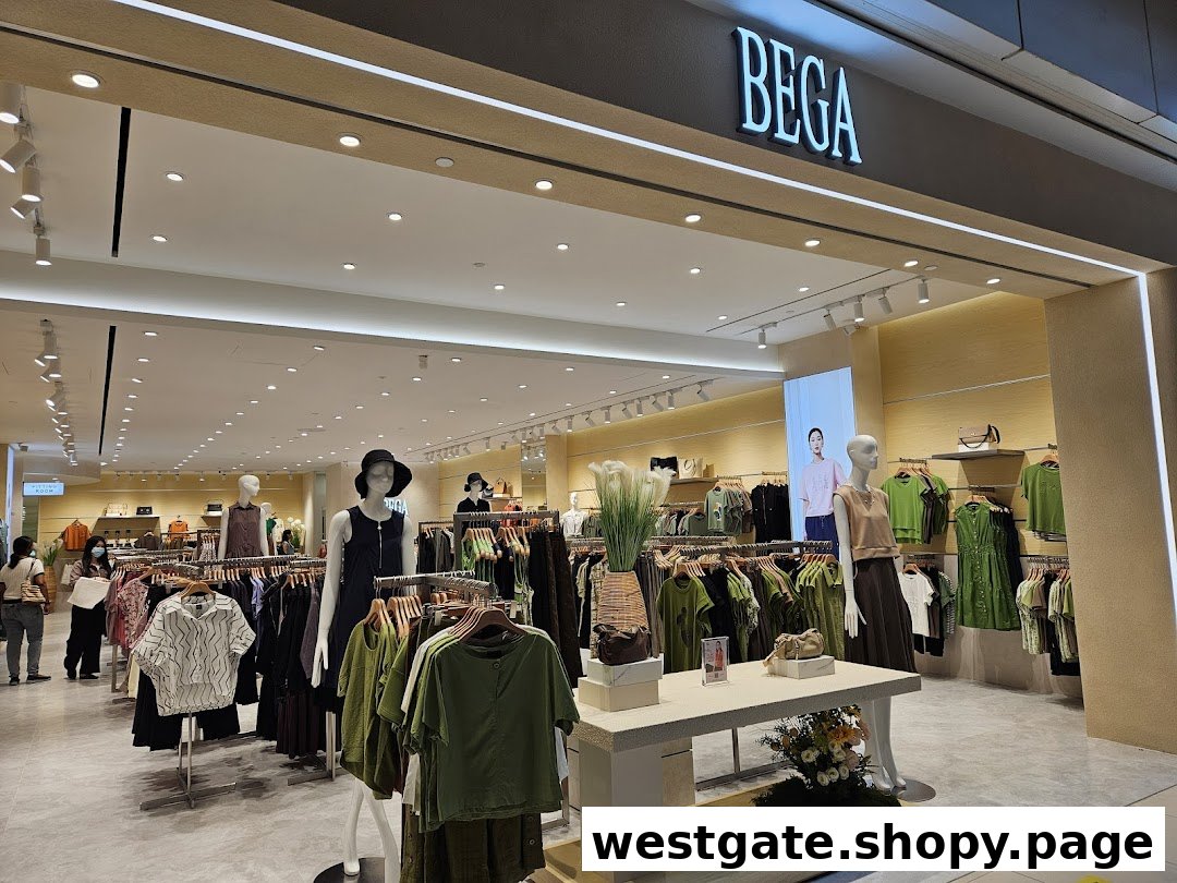 Brightly lit entrance of BEGA fashion store showcasing clothing displays and mannequins.