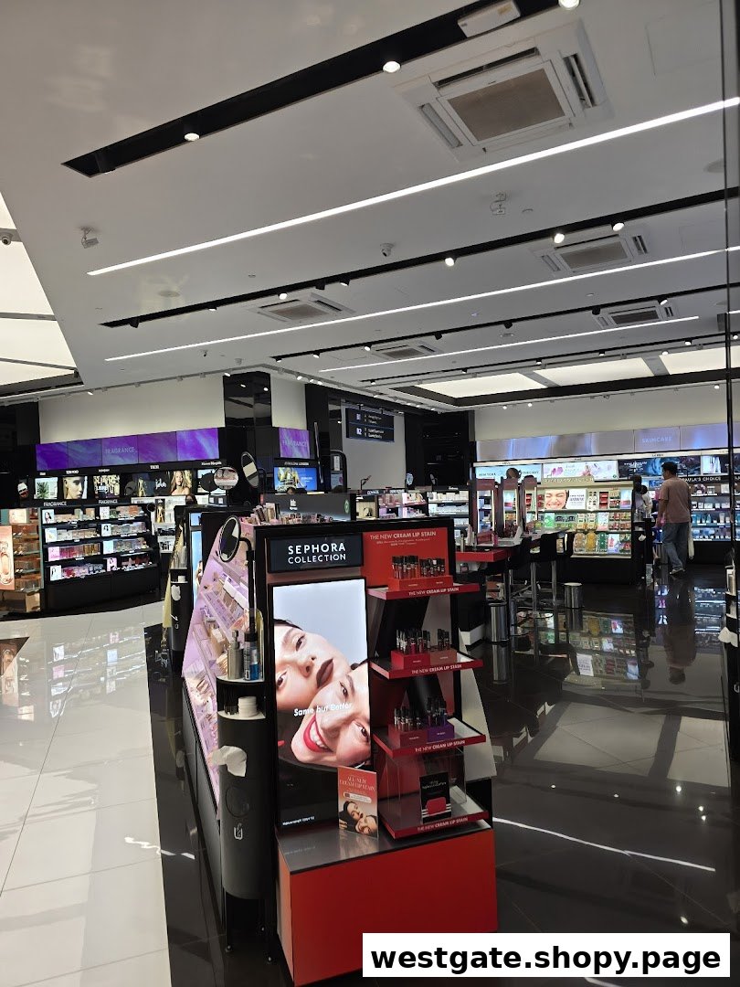 An interior view of a modern Sephora beauty store with various makeup and skincare displays.