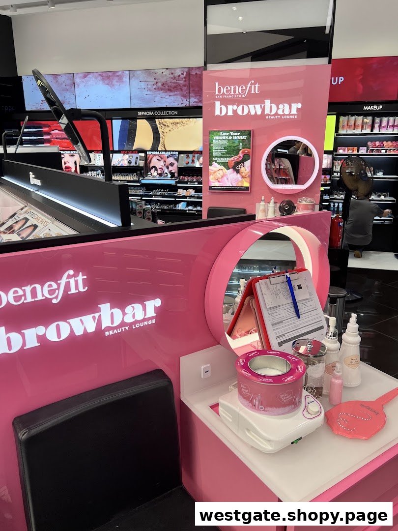 A vibrant pink Benefit Browbar Beauty Lounge station inside Sephora, ready for beauty services.