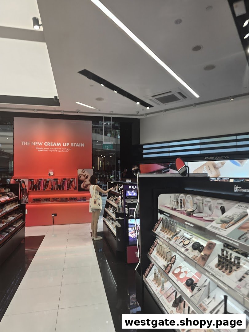 Interior of a Sephora store with Benefit Cosmetics displays and a customer browsing makeup.