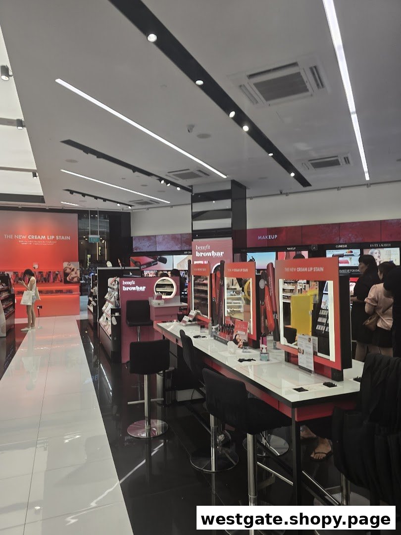Interior view of Benefit Cosmetics, showcasing makeup displays, a brow bar, and products.