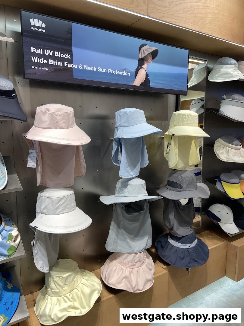 A display of various BENEUNDER sun hats in different colors, with a digital screen showcasing a 'Full UV Block' hat.