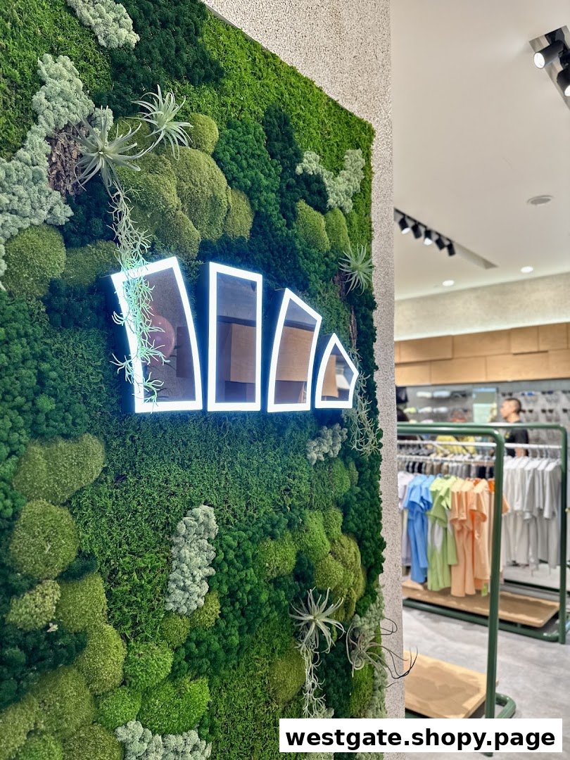 A vibrant green moss wall with a glowing BENEUNDER logo, showcasing the shop's modern interior and apparel.