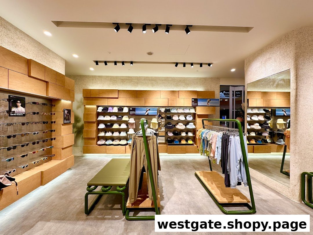 Interior of BENEUNDER shop featuring sunglasses, hats, and apparel on modern wooden and green displays.