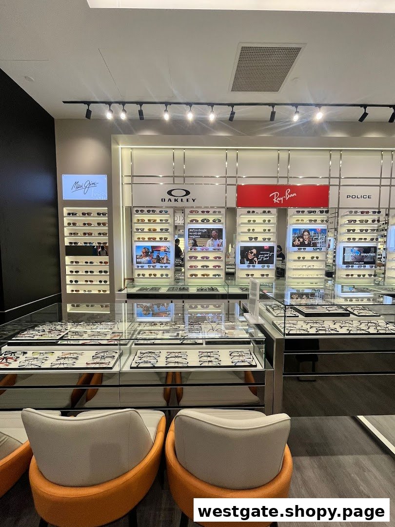Interior view of Better Vision eyewear store, showcasing various glasses and sunglasses displays with seating.