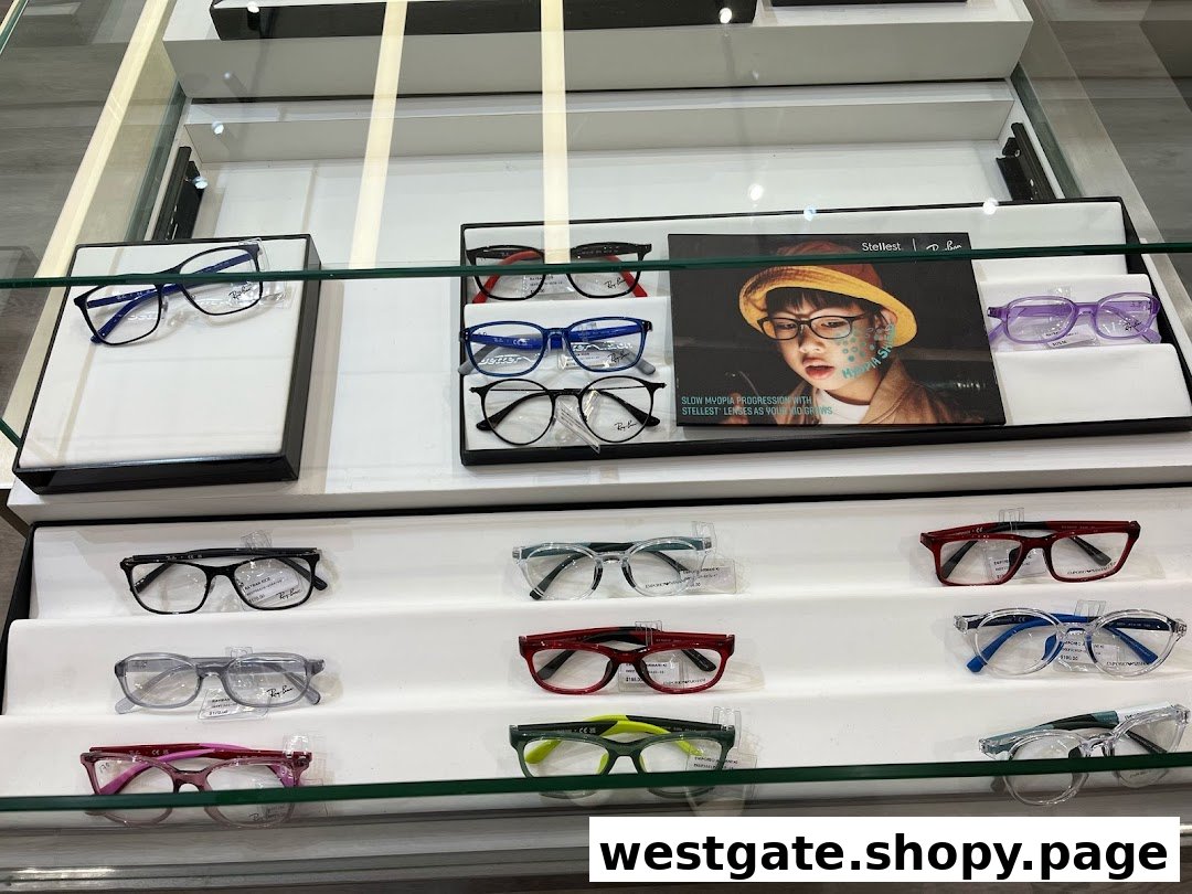 A vibrant display of various stylish eyeglasses and frames, including popular brands like Ray-Ban and Emporio Armani.
