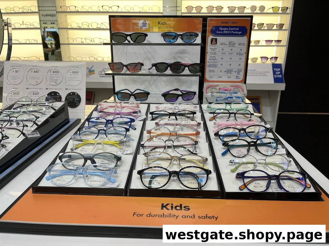 A vibrant display of children's eyeglasses and sunglasses, featuring various styles and a Myopia Control Care package.