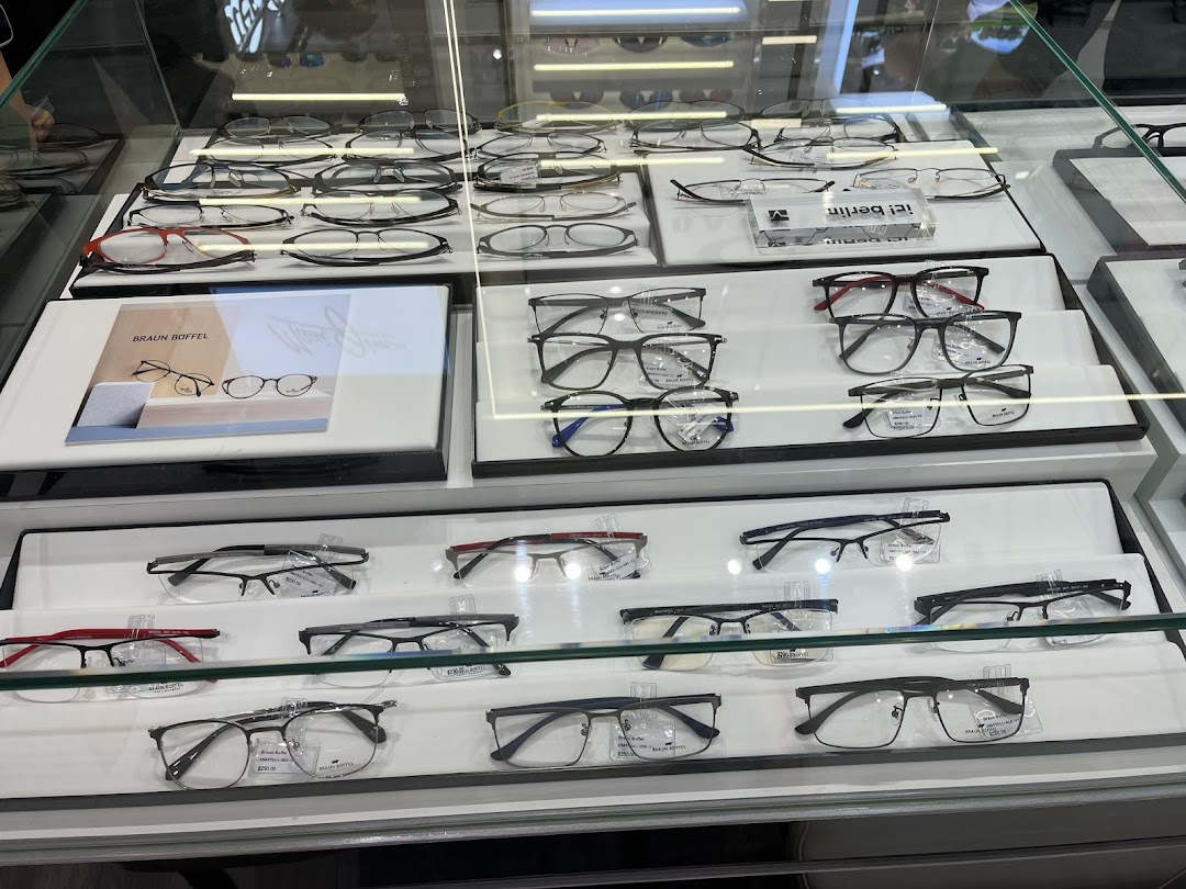A display case showcasing a wide selection of stylish eyeglasses and frames from various brands.
