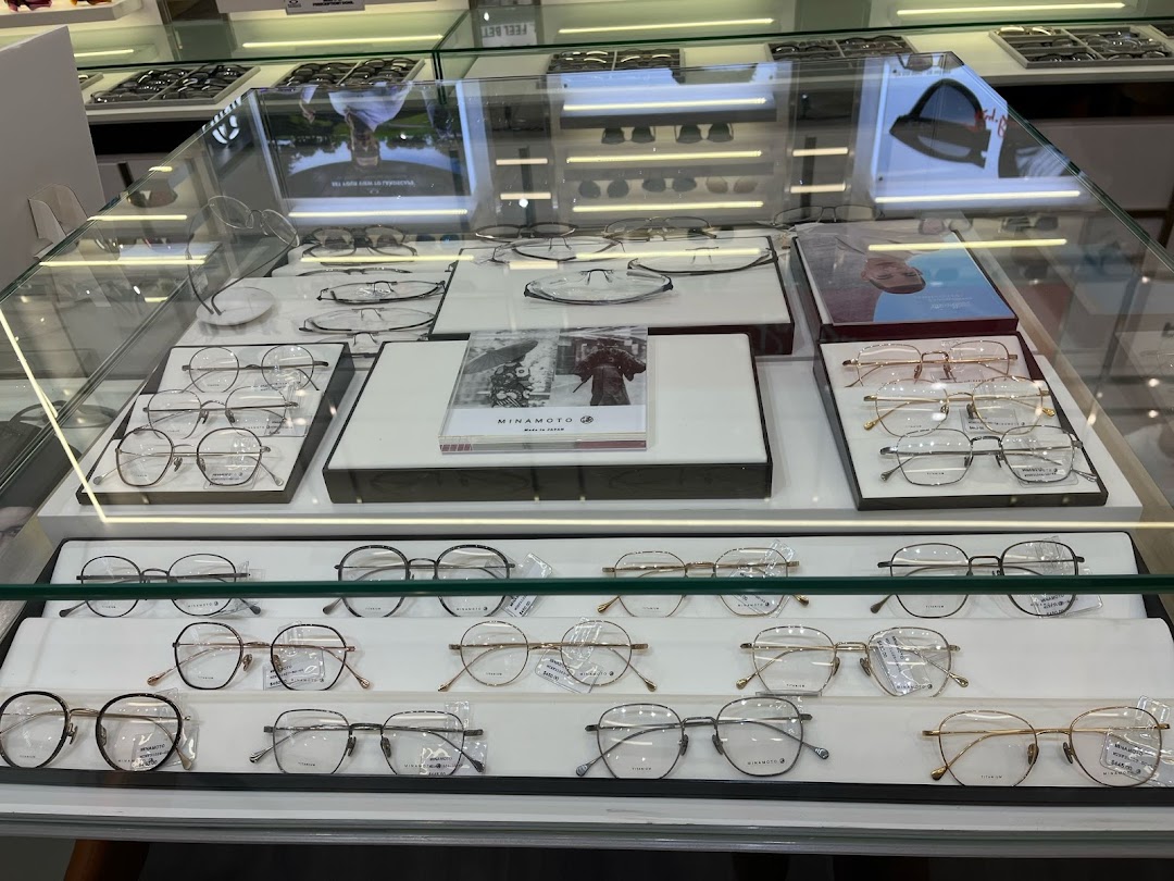 A glass display case showcasing a wide selection of modern eyeglasses and frames.