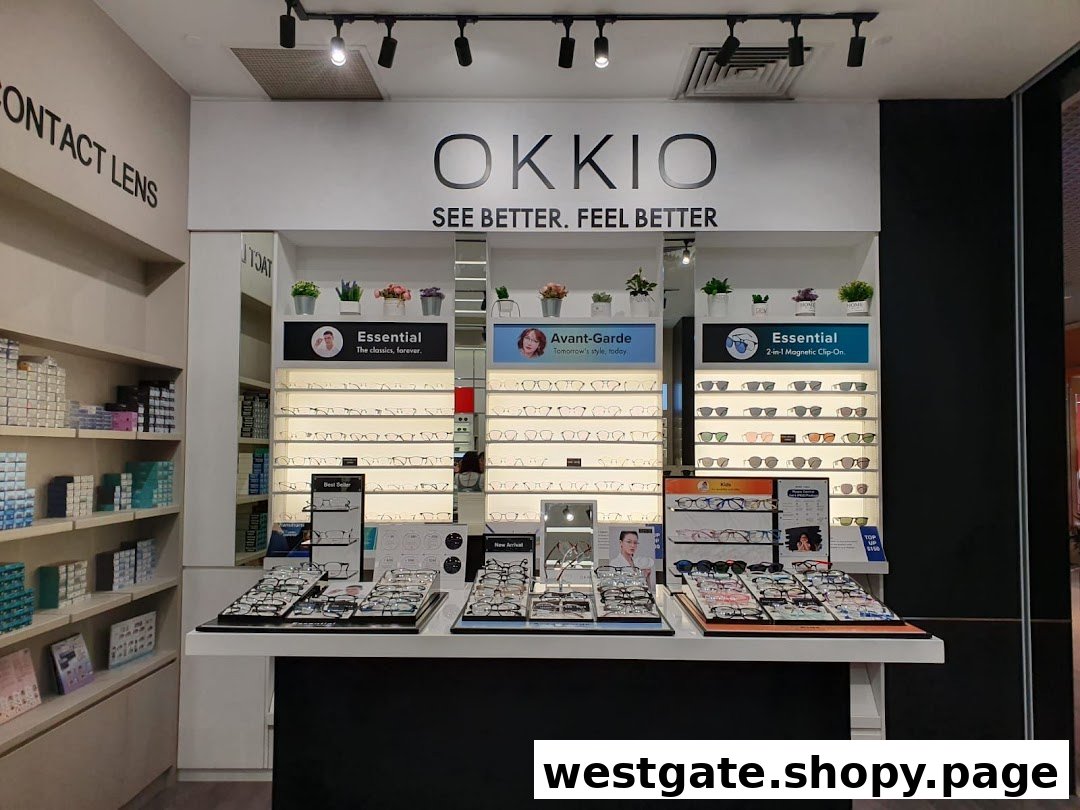 An interior display of OKKIO at Better Vision, showcasing a wide range of eyeglasses and contact lenses.