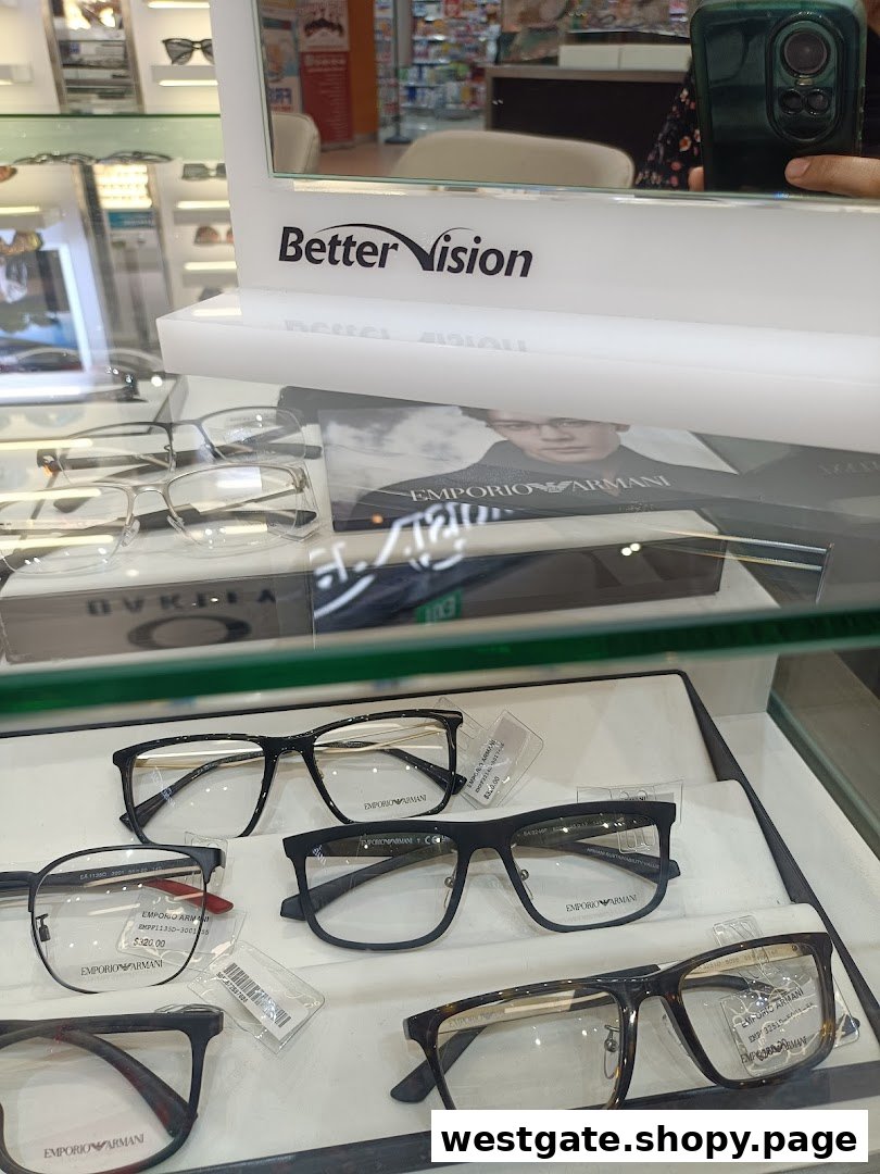 A display of stylish Emporio Armani eyeglasses at Better Vision, showcasing various frame designs.