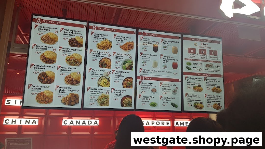 A brightly lit digital menu board showcasing a variety of Chinese street food, drinks, and combo meals.