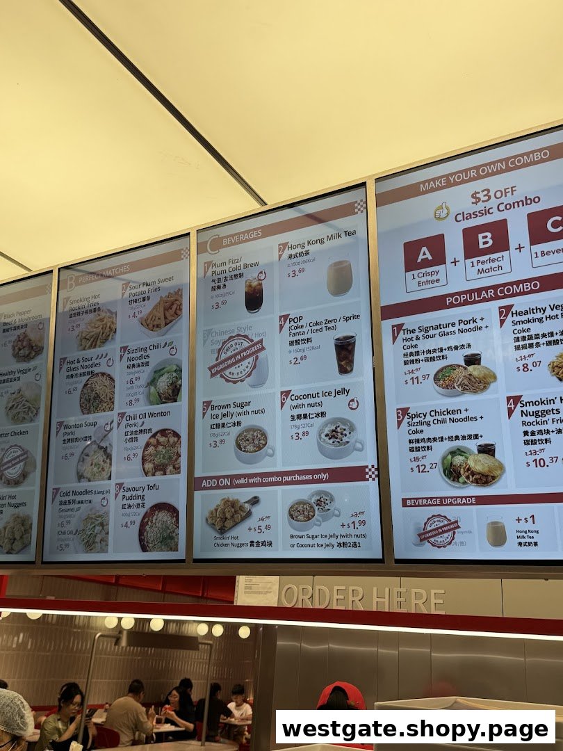 A vibrant digital menu board showcasing a variety of Chinese street food, beverages, and combo meals.