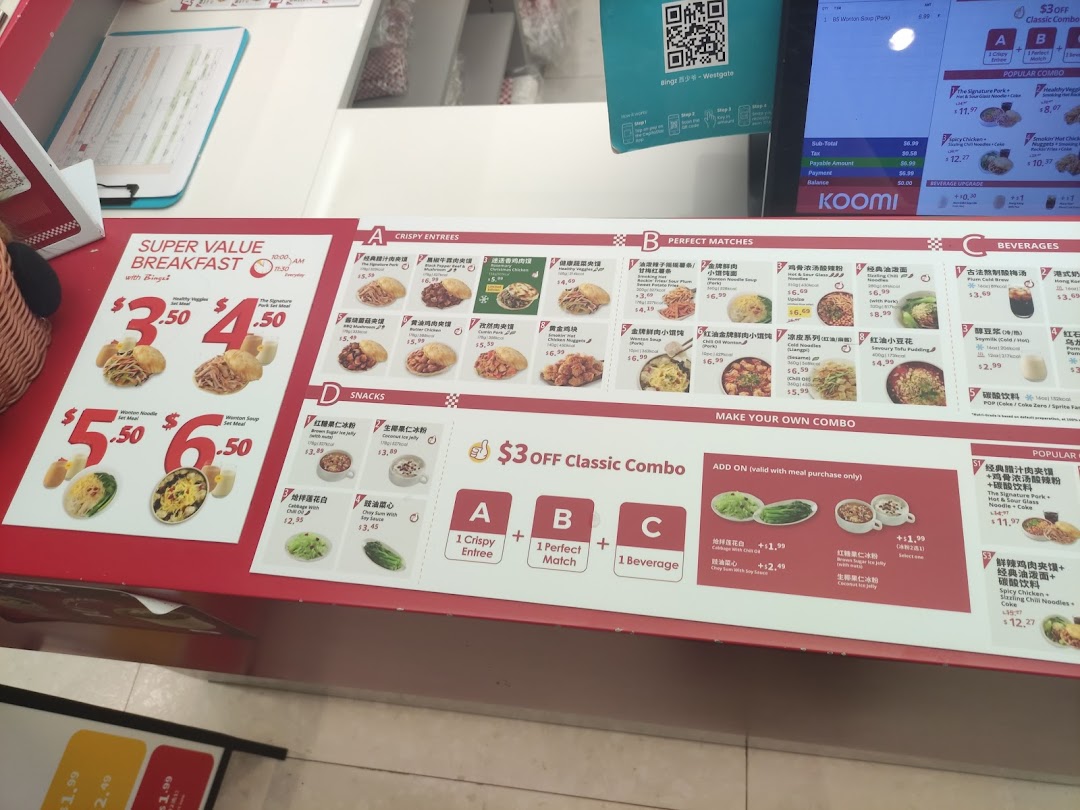 A detailed menu board displaying various Chinese dishes, combos, and prices at Bingz Singapore.