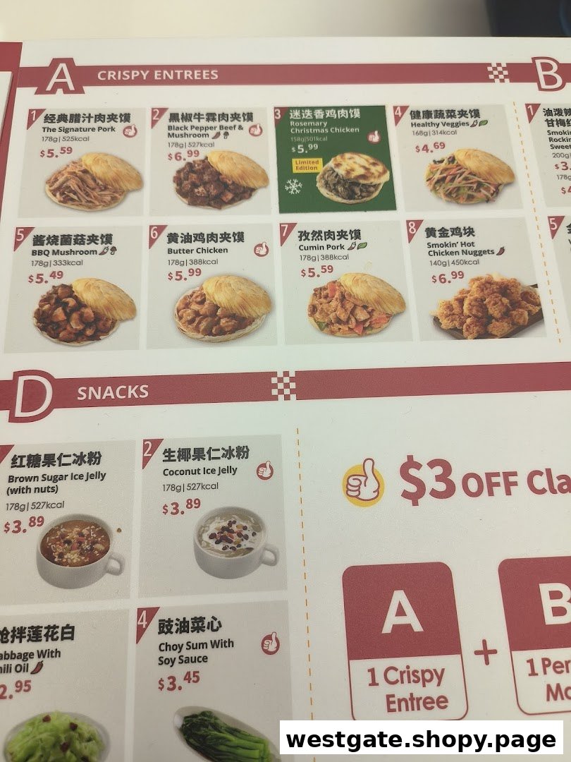 A detailed menu displaying various crispy entrees, snacks, and combo deals.