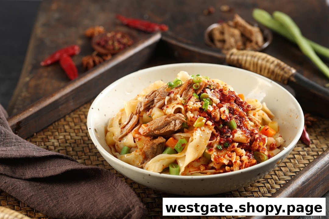 A vibrant bowl of spicy noodles with tender meat and fresh garnishes, served on a woven mat.