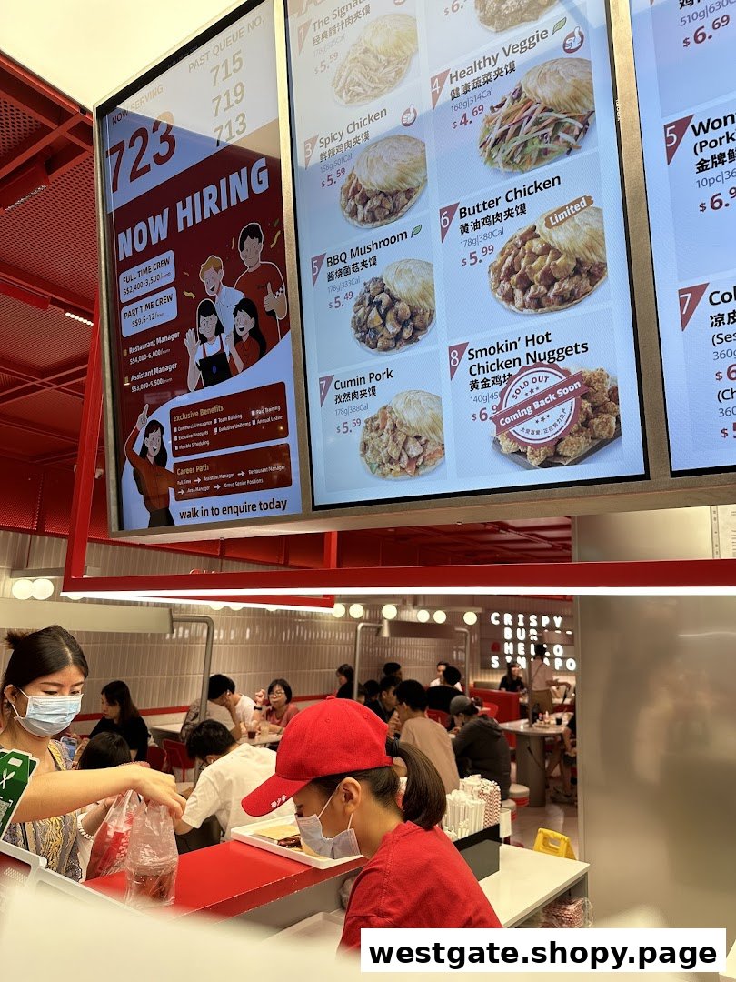 A digital menu board displaying various roujiamo (Chinese burgers) and sides, along with a 'Now Hiring' advertisement.