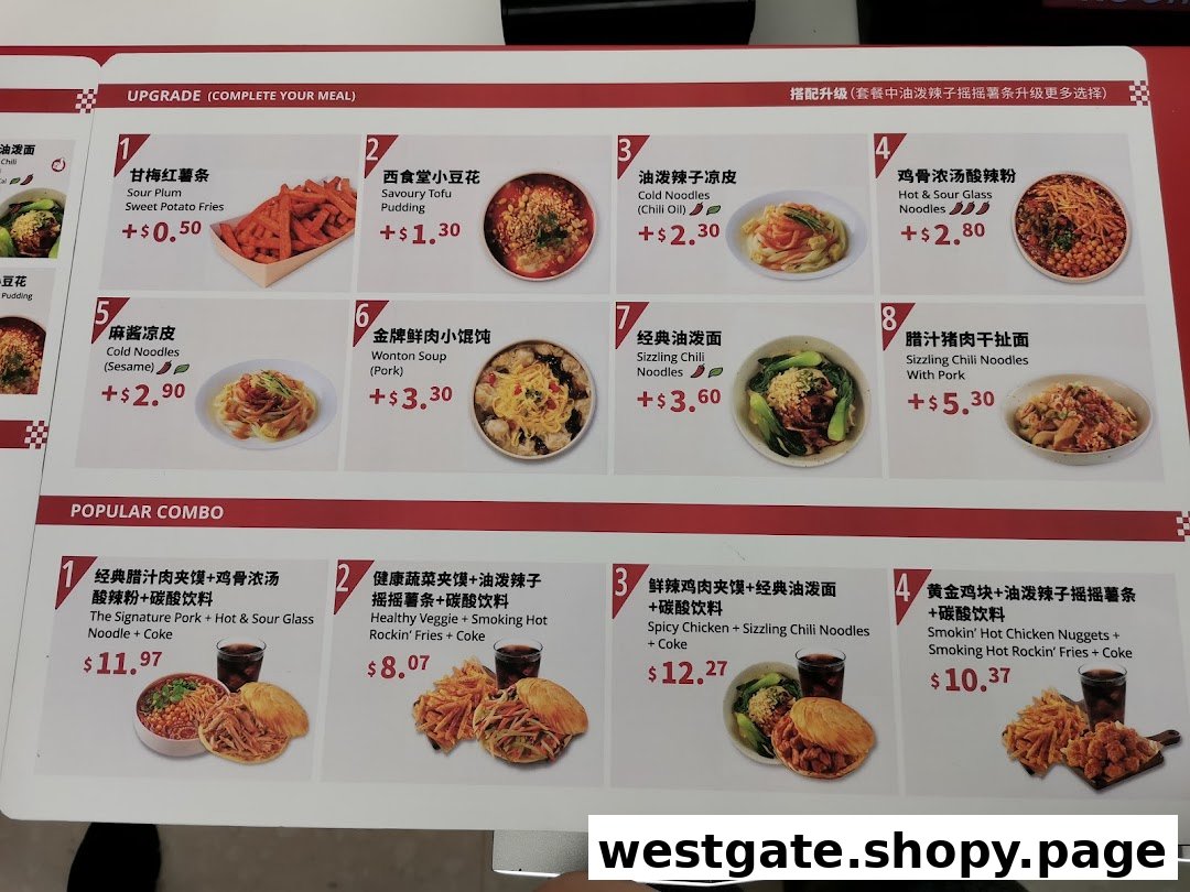 A detailed menu board displaying various Chinese noodle dishes, snacks, and combo meals with prices.