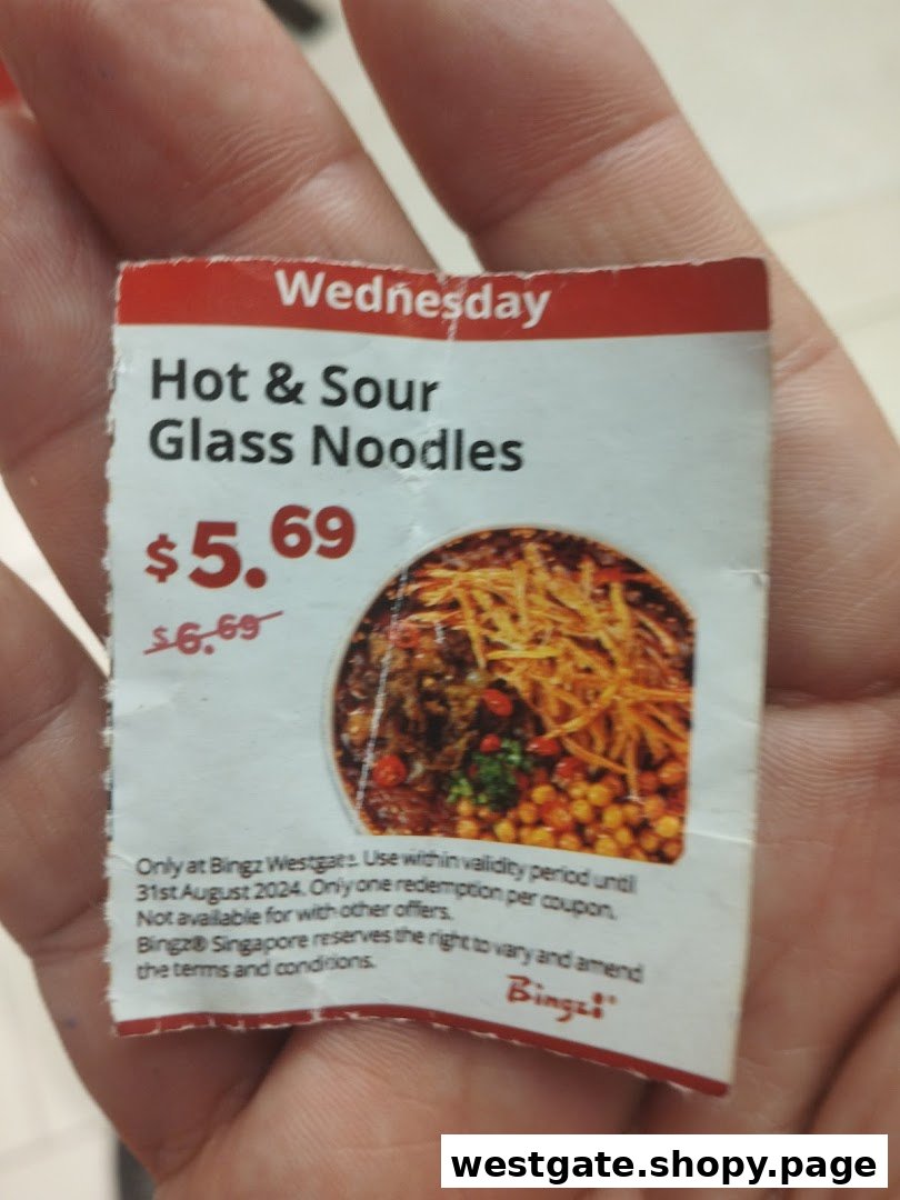 A coupon for Hot & Sour Glass Noodles from Bingz Singapore, showing a special price and offer details.