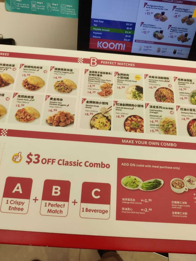 A detailed menu board displaying various Chinese dishes, combos, and add-ons with prices.