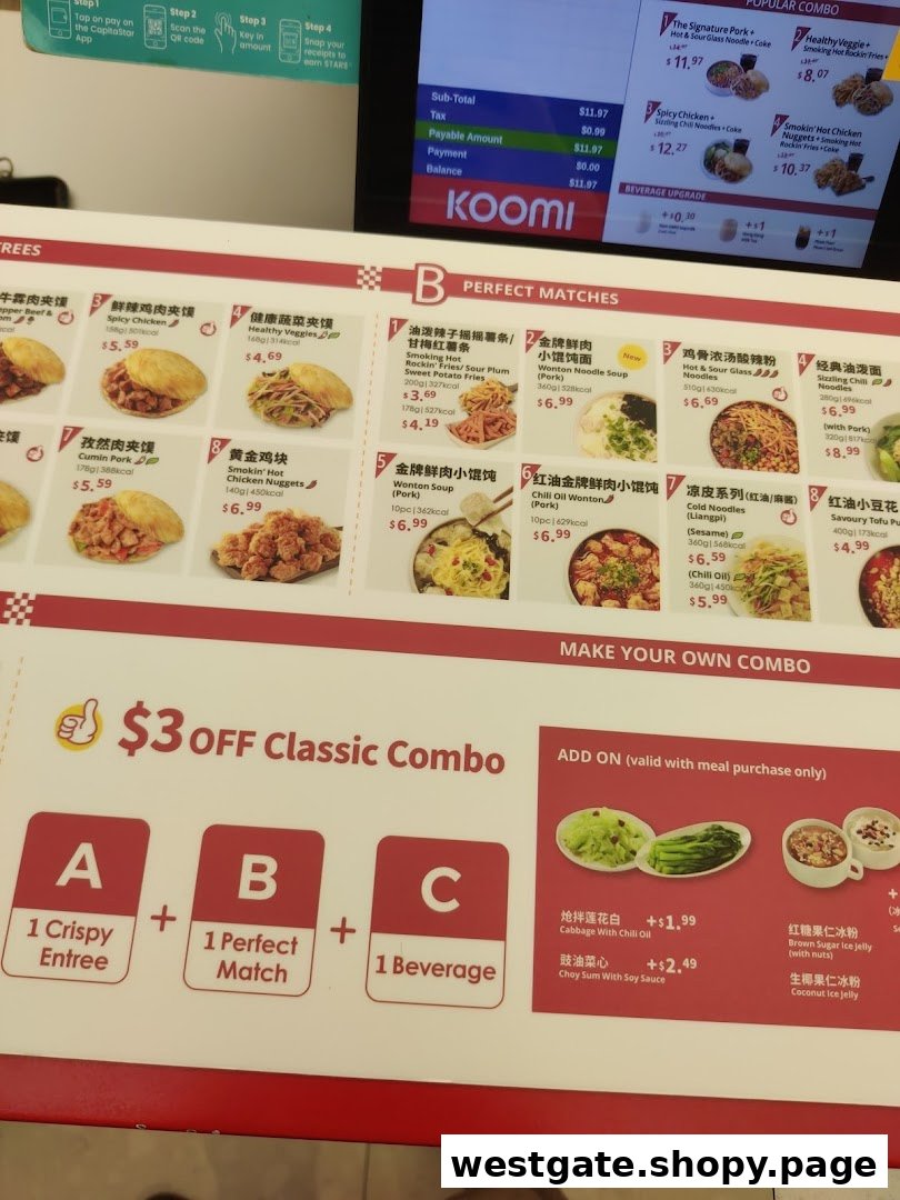 A detailed menu board displaying various Chinese dishes, combos, and add-ons with prices.