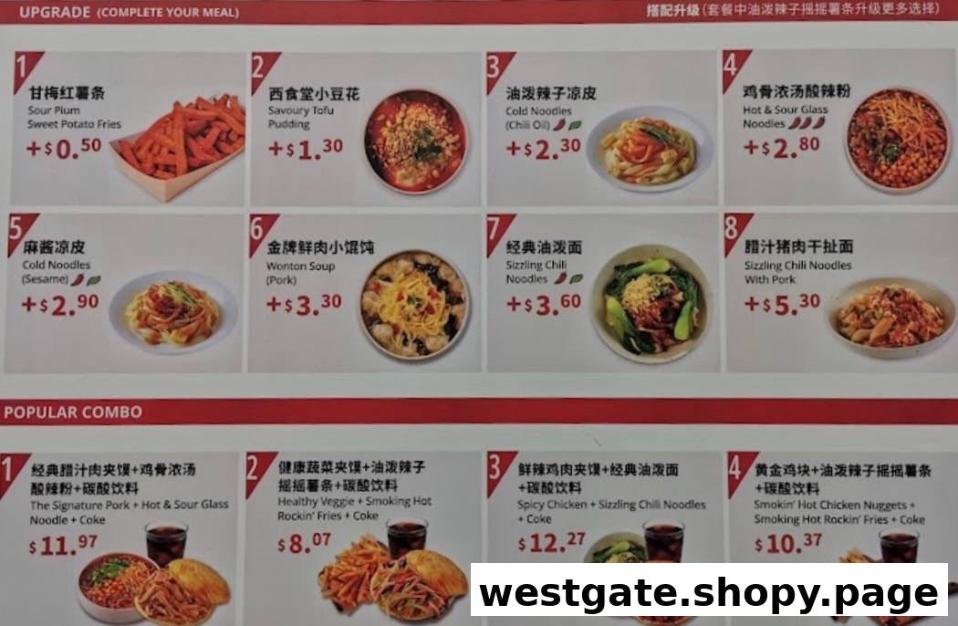 A detailed menu board showcasing upgrade options and popular combo meals with prices and images.