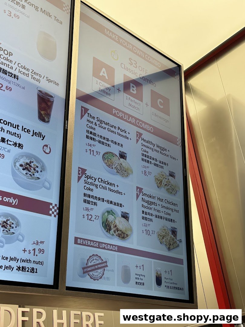 A digital menu board displaying various food and drink combos, including popular meals and beverage upgrades.
