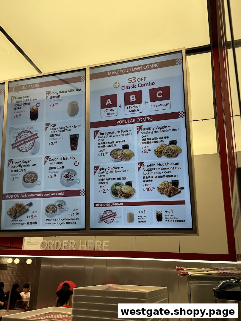 A brightly lit digital menu board displaying various food and beverage options, combos, and add-ons.