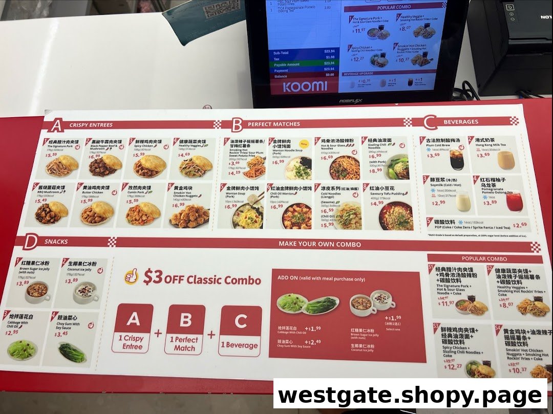 A detailed menu board displaying various Chinese street food items, combos, and beverages with prices.