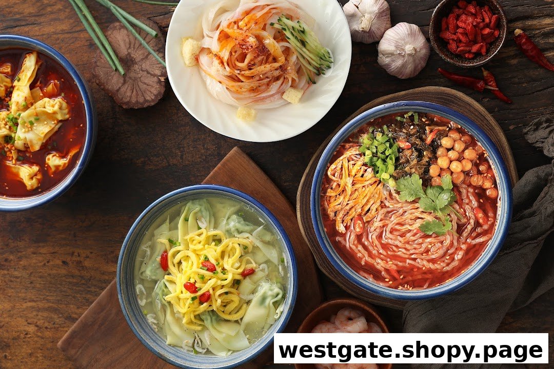 A vibrant overhead view of multiple Chinese noodle and dumpling dishes on a rustic wooden table.